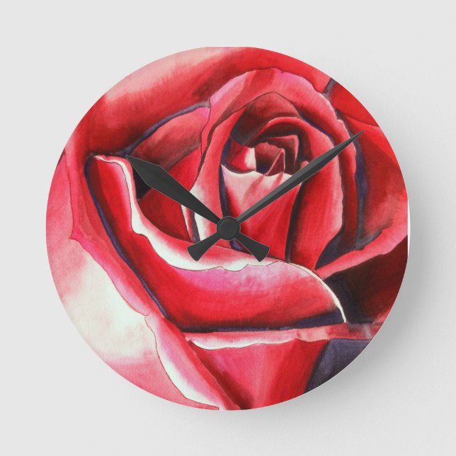 Crimson Red Rose original watercolor art Round Clock (Front)