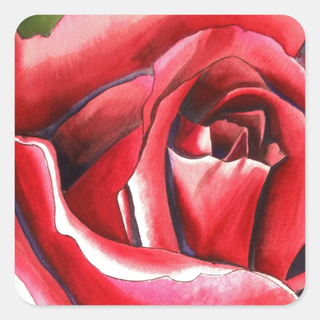 Crimson Red Rose original watercolor art Square Sticker (Front)