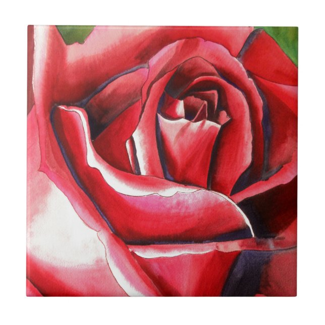 Crimson Red Rose original watercolor art Tile (Front)