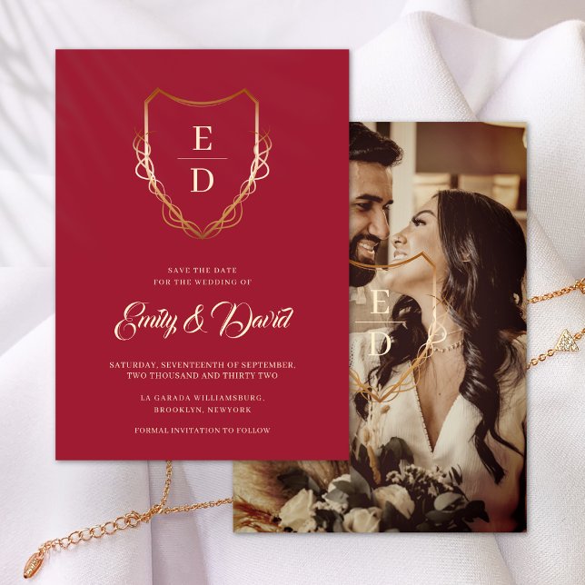 Crimson Red Rust Gold Monogram Photo  Save The Date (Creator Uploaded)