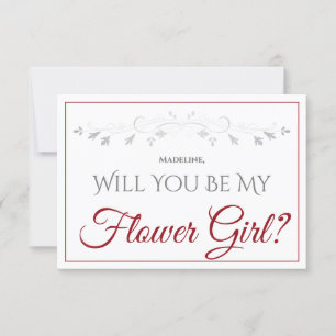 Crimson Red Script Elegant Be My Flower Girl Card