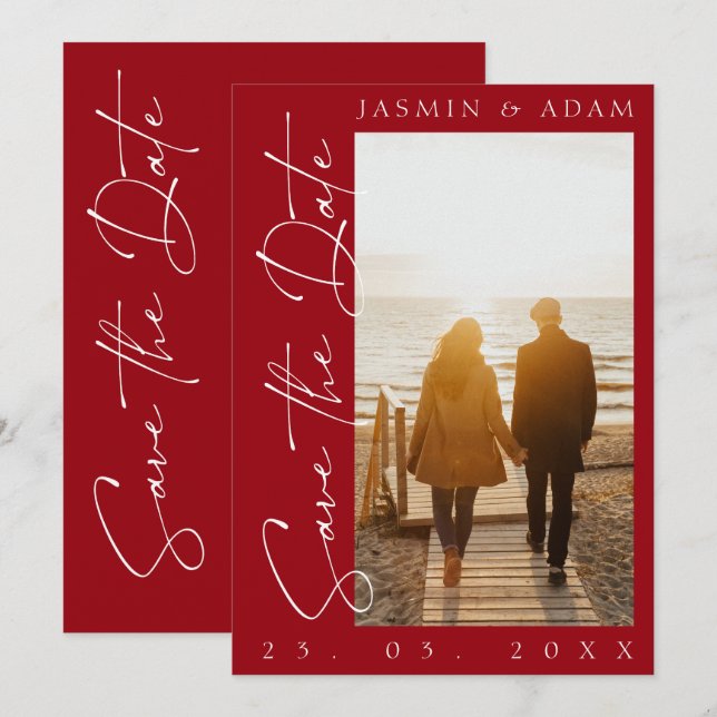 Crimson Red Script Photo Wedding Save The Date (Front/Back)
