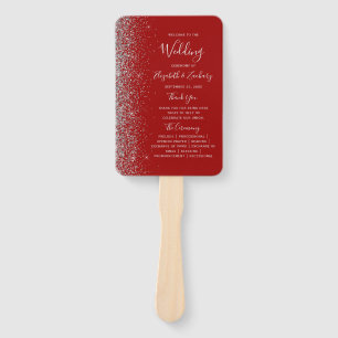 Crimson Red Silver Glitter Edge Wedding Program Hand Fan