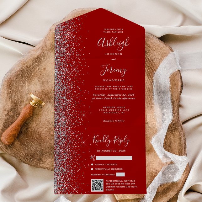 Crimson Red Silver Glitter QR Code Wedding All In One Invitation (Creator Uploaded)