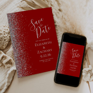 Crimson Red Silver Glitter Save the Date Announcement