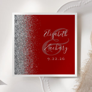 Crimson Red Silver Glitter Wedding Napkin