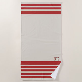 Crimson Red Simple Stripe Custom Name Beach Towel