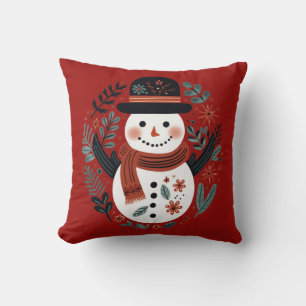 Crimson Red Snowman Christmas Cushion