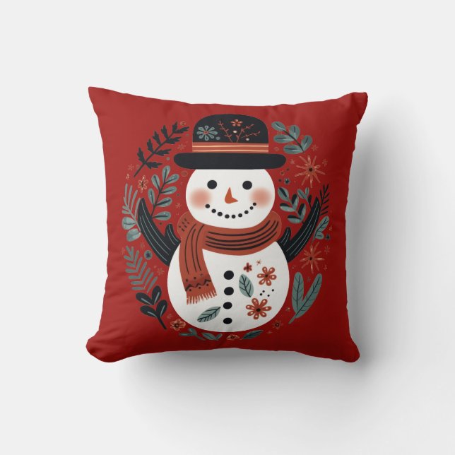 Crimson Red Snowman Christmas Cushion (Front)