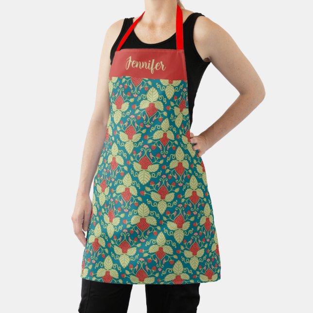 Crimson Red Strawberry Fruit, Blossoms & Runners Apron (Insitu)
