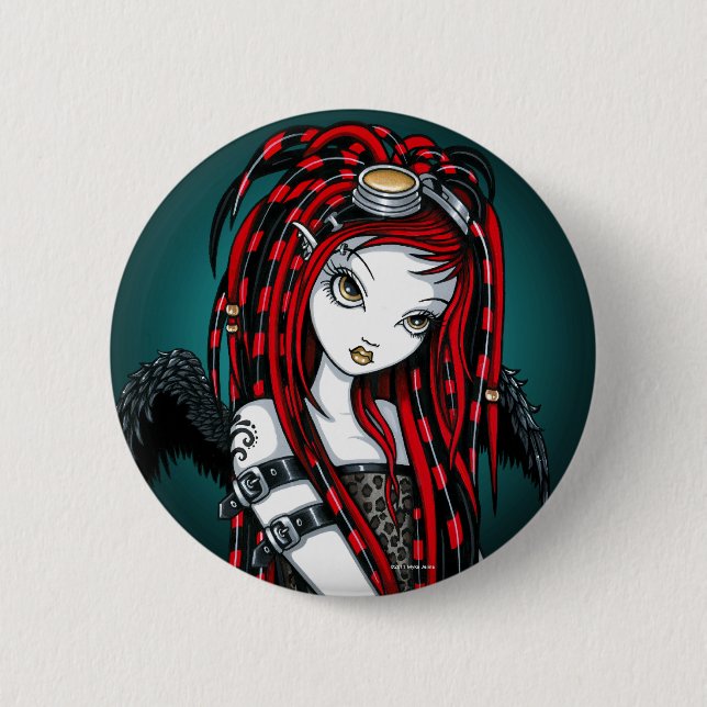 "Crimson" Red Tattoo Cyber Goth Angel Button (Front)