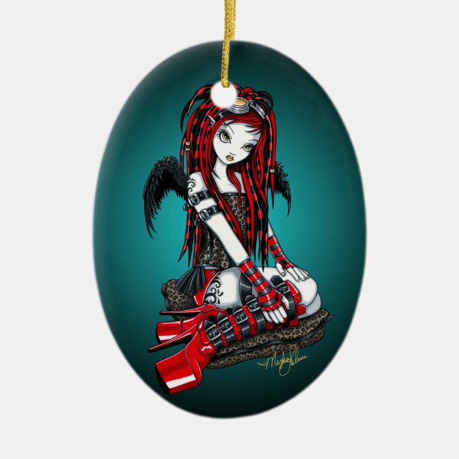 "Crimson" Red Tattoo Cyber Goth Angel Ornament (Front)