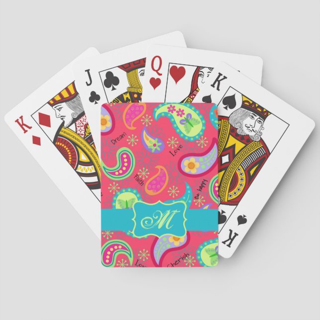 Crimson Red Turquoise Blue Modern Paisley Monogram Playing Cards (Back)