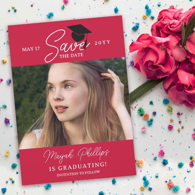 Crimson Red Typography Photo Graduation Save The Date (Creator Uploaded)