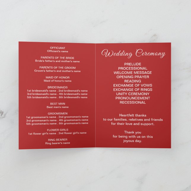 Crimson Red Wedding Program on Folded Card (Inside)