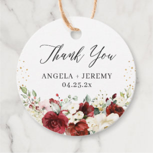 Crimson Red White Floral Gold Confetti Thank You Favour Tags