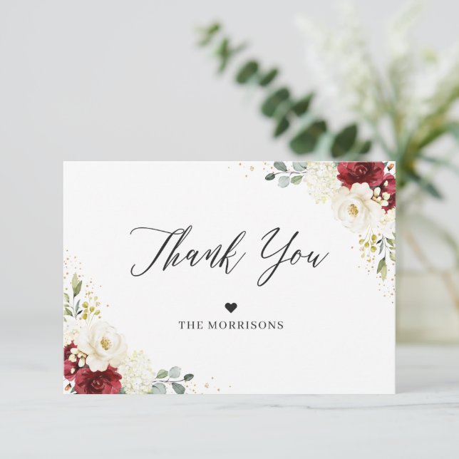 Crimson Red White Floral Gold Confetti Wedding Thank You Card (Standing Front)