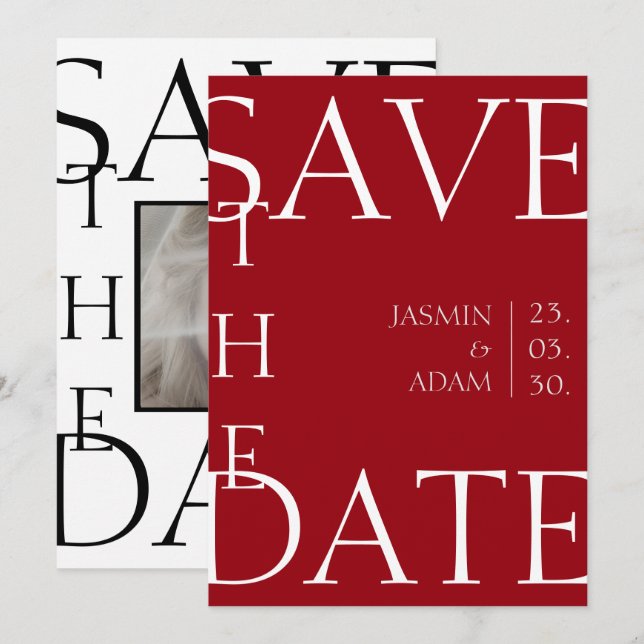 Crimson Red White Minimal Photo Wedding Save The Date (Front/Back)