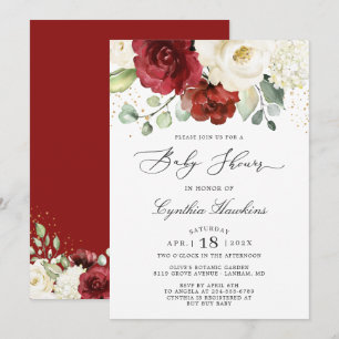 Crimson Red White Rustic Chic Floral Baby Shower Invitation