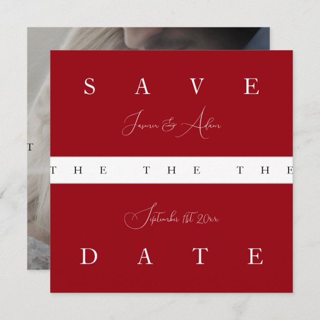Crimson Red White Simple Photo Wedding Save The Date (Front/Back)