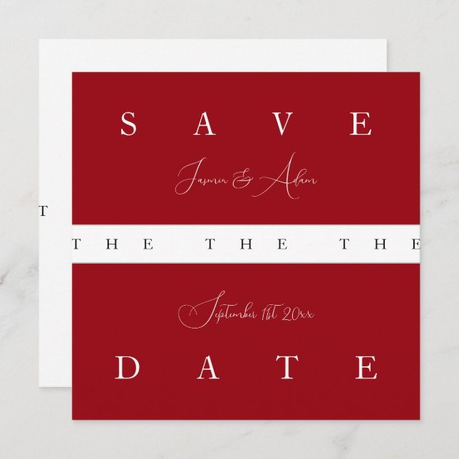 Crimson Red White Simple Typography Wedding Save The Date (Front/Back)