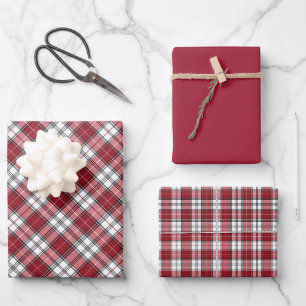 Crimson Red & White Tartan Plaid Wrapping Paper Sheet