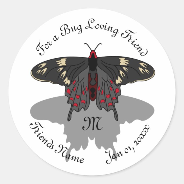 Crimson Rose Butterfly Shadow Monogram Classic Round Sticker (Front)