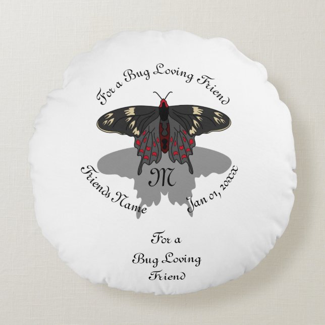 Crimson Rose Butterfly Shadow Monogram Round Cushion (Front)