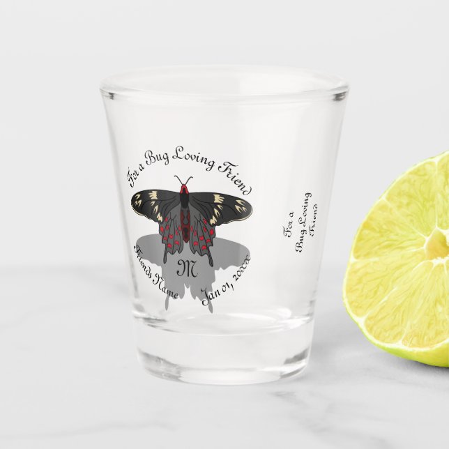 Crimson Rose Butterfly Shadow Monogram Shot Glass (Front)