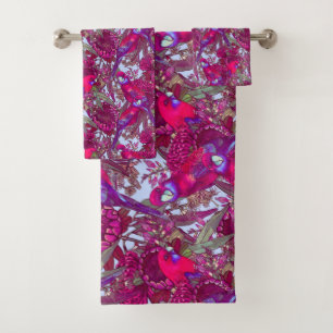 Crimson Rosella and Wildflower Pattern Bath Towel Set