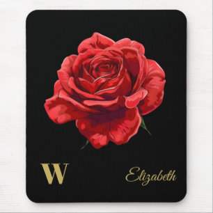 Crimson Roses on Black Gold Script Personalised Mouse Mat