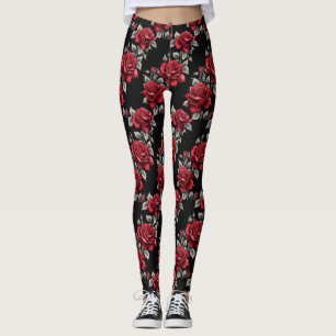 Crimson Roses Silver Leaves Gothic Leggings
