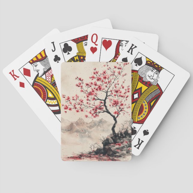 Crimson Sakura Mountain Serenity (1) Playing Cards (Back)