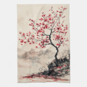 Crimson Sakura Mountain Serenity (1) Tea Towel