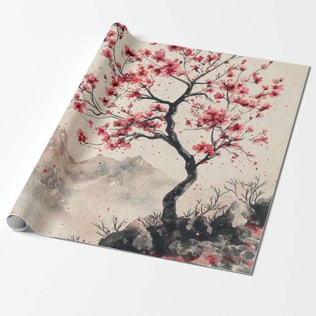Crimson Sakura Mountain Serenity (1) Wrapping Paper (Unrolled)