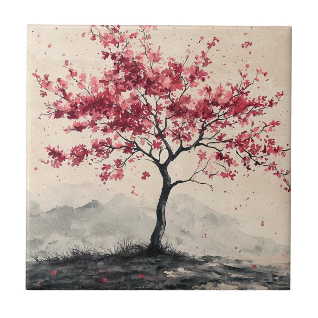 Crimson Sakura Mountain Serenity (2) Tile (Front)