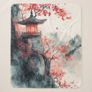 Crimson Sakura Pagoda Watercolor Sherpa Blanket