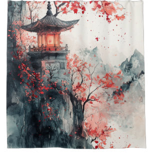 Crimson Sakura Pagoda Watercolor Shower Curtain