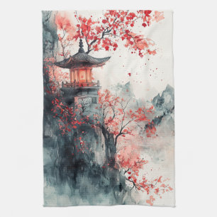 Crimson Sakura Pagoda Watercolor Tea Towel