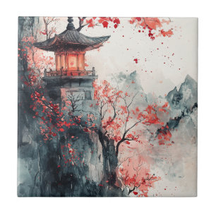 Crimson Sakura Pagoda Watercolor Tile