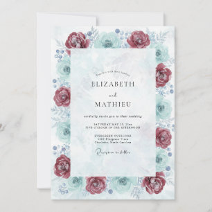 Crimson Seafoam Blossom Wedding Invitation
