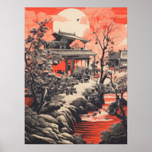 Crimson Serenity: Traditional Chinese House Poster