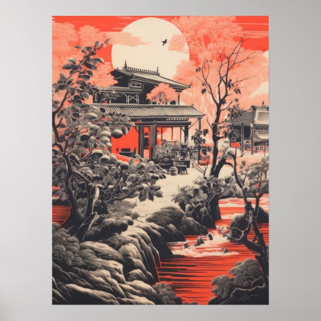 Crimson Serenity: Traditional Chinese House Poster (Front)
