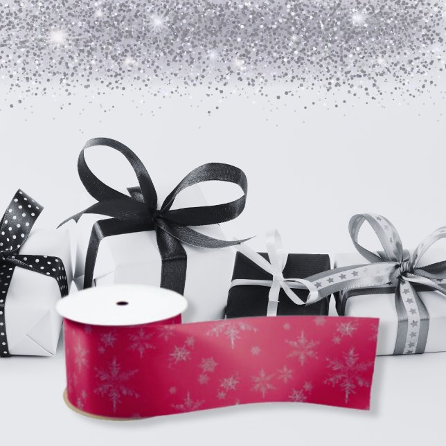 Crimson Silver Glitter Snowflakes Christmas Satin Ribbon (Creator Uploaded)