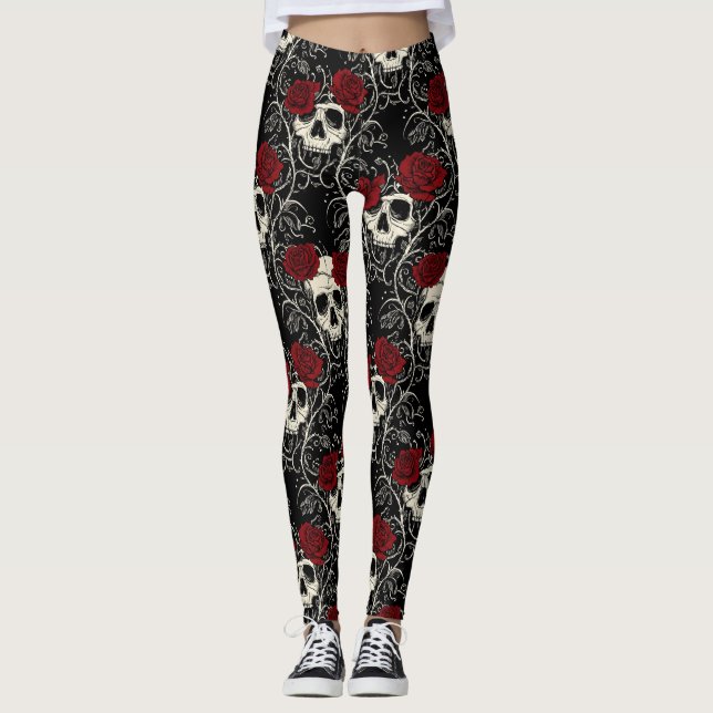 Crimson Skull Bloom Leggings (Front)