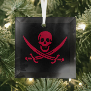 Crimson Skull & Swords Pirate flag of Calico Jack Glass Tree Decoration