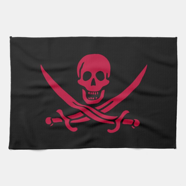 Crimson Skull & Swords Pirate flag of Calico Jack Tea Towel (Horizontal)