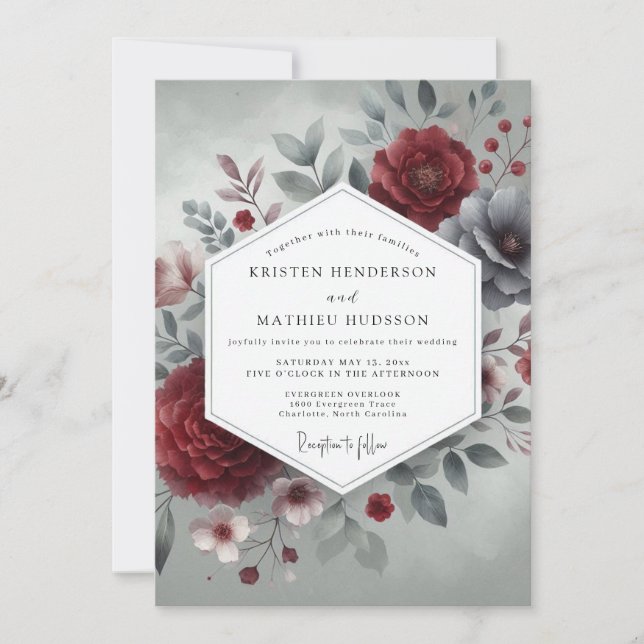 Crimson Slate Bloom Wedding Invitation (Front)