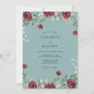 Crimson Slate Ranunculus Dusty Eucalyptus Wedding Invitation