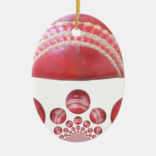 Crimson Spin – A Beautiful Red Cricket Ball Arti Ceramic Tree Decoration (Front)